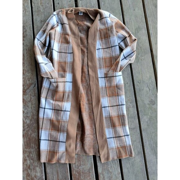Max Studio Plaid Open Front Long Cardigan Jacket Size M Winter Boho Chic - Picture 1 of 2